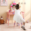 Kids princess vanity table and stool set in pink with a mirror, featuring a cute castle theme, ideal for ages 3+.
