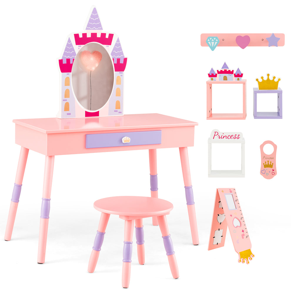 Kids princess vanity table and stool set in pink with a mirror, drawer, and castle-themed accessories for ages 3+.