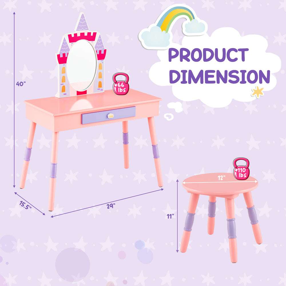 Kids princess vanity table and stool set in pink with castle theme, featuring a mirror and large drawer for.