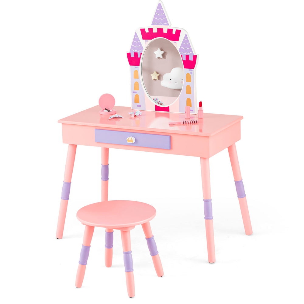 Kids princess vanity table and stool set in pink with drawer and mirror, perfect for imaginative play and organization.