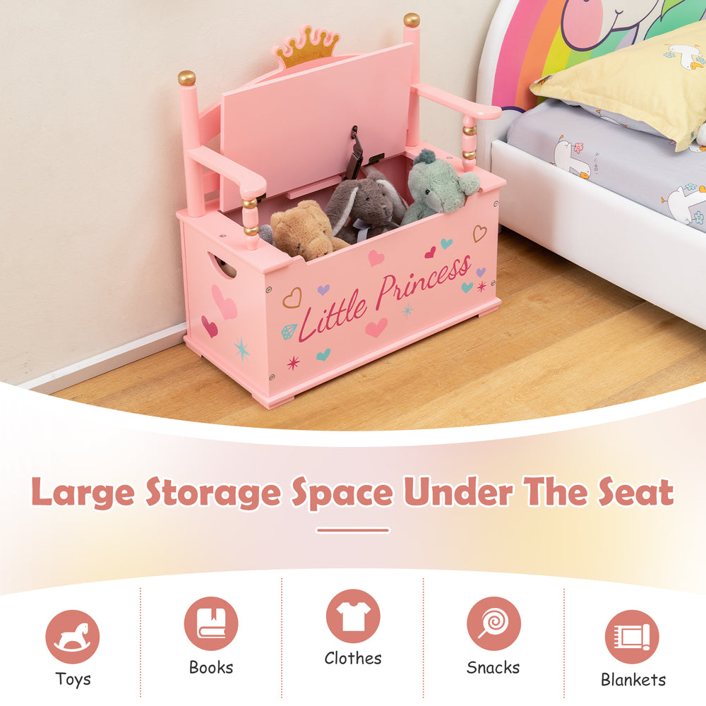 Kids princess wooden toy box in pink with safe hinged lid, spacious storage, and cozy armrests for playroom use.