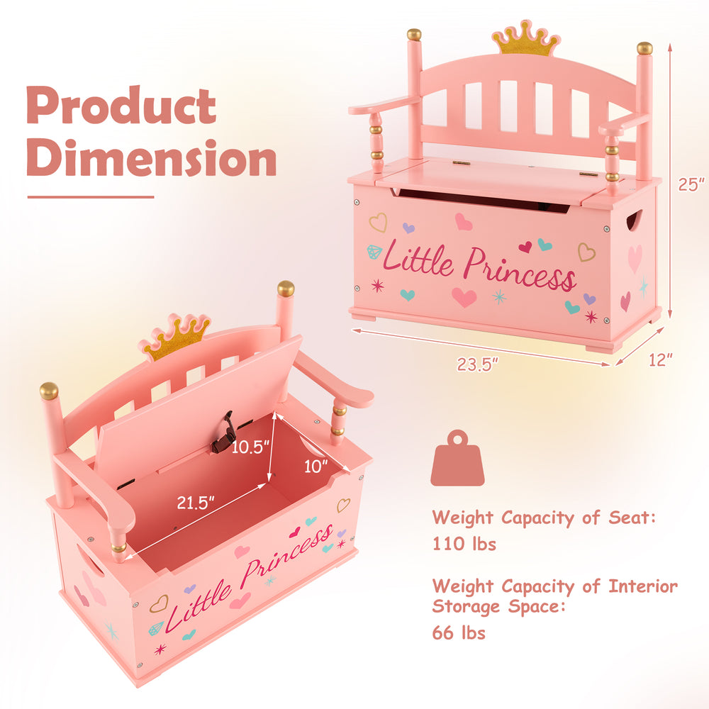 Kids 2-in-1 princess wooden toy box in pink with hinged lid, cozy backrest, and storage for toys, ideal for playrooms.