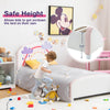Kids twin size upholstered platform bed with rainbow pattern, soft padded headboard, and safe height for easy access.