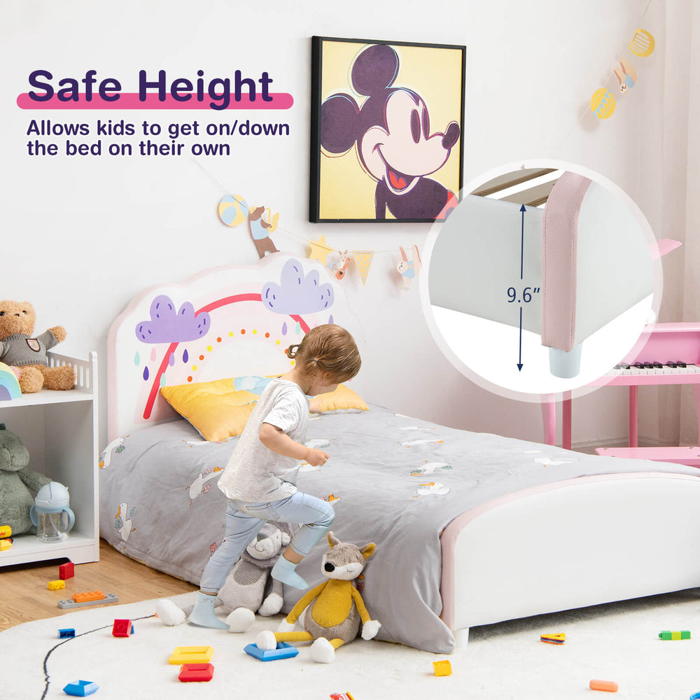 Kids twin size upholstered platform bed with rainbow pattern, soft padded headboard, and safe height for easy access.