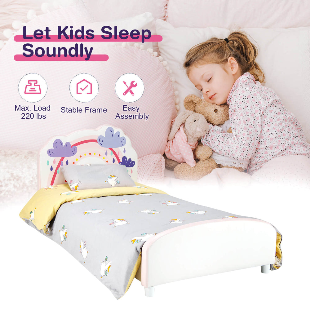 Kids twin size upholstered platform bed showcasing a soft padded headboard, designed for comfort and easy access.