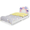 Kids twin size upholstered wooden bed with rainbow pattern, padded headboard, and sturdy slats for safe support.
