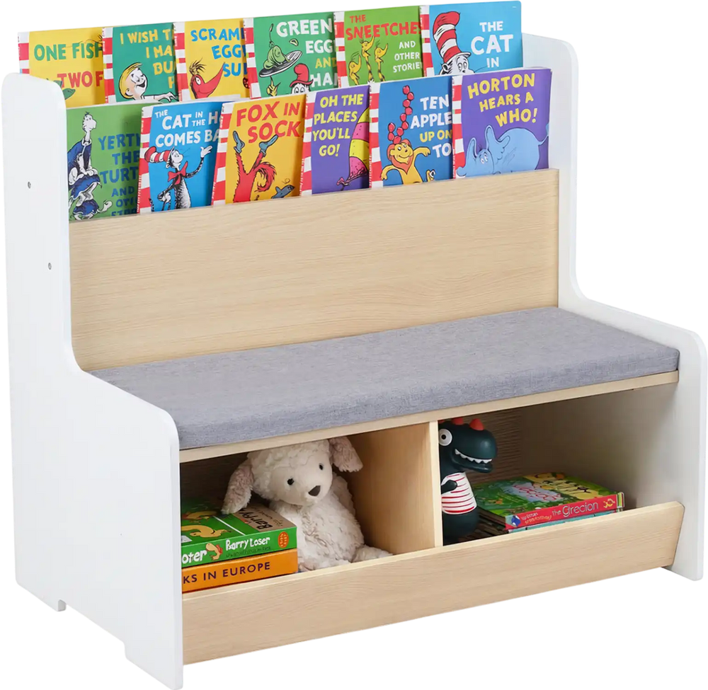Kids reading nook featuring a white bench bookshelf with detachable cushion and two cubbies for toy storage.