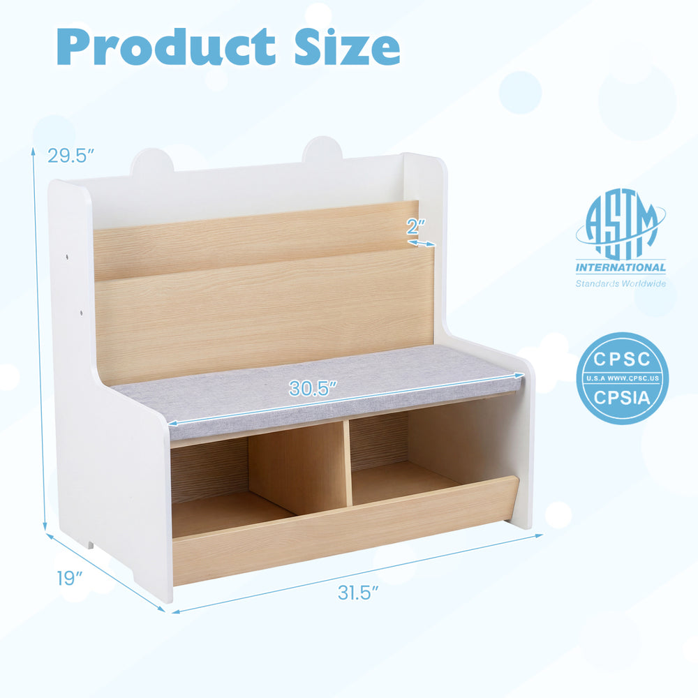Kids reading nook featuring a white bench bookshelf with two cubbies and a detachable cushion for comfortable seating.