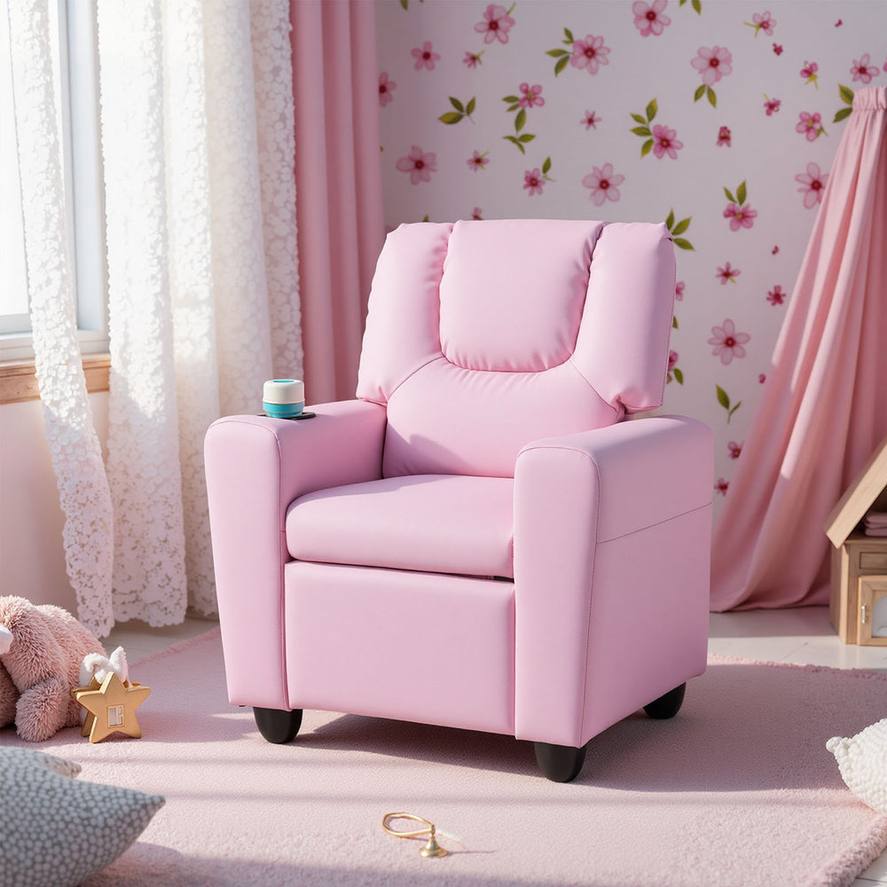 Kids Recliner Chair Push Back Toddler Reclining Armchair with Cup Holder-Pink - Gallery View 1 of 10