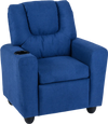 Kids recliner chair in blue with a cup holder, featuring a high backrest and retractable footrest for comfort.