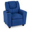 Kids recliner chair in blue with ergonomic design, cup holder, and retractable footrest for comfortable relaxation.