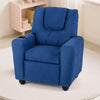Blue kids recliner chair with soft velvet upholstery and anti-slip feet, perfect for relaxing and enjoying drinks.