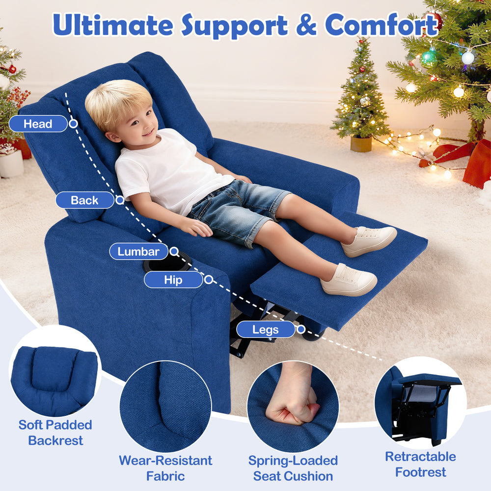 Kids recliner chair in blue with retractable footrest, cup holder, and ergonomic design for ultimate comfort and.