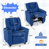 Kids recliner chair in blue with cup holder, featuring ergonomic design and retractable footrest for comfort.