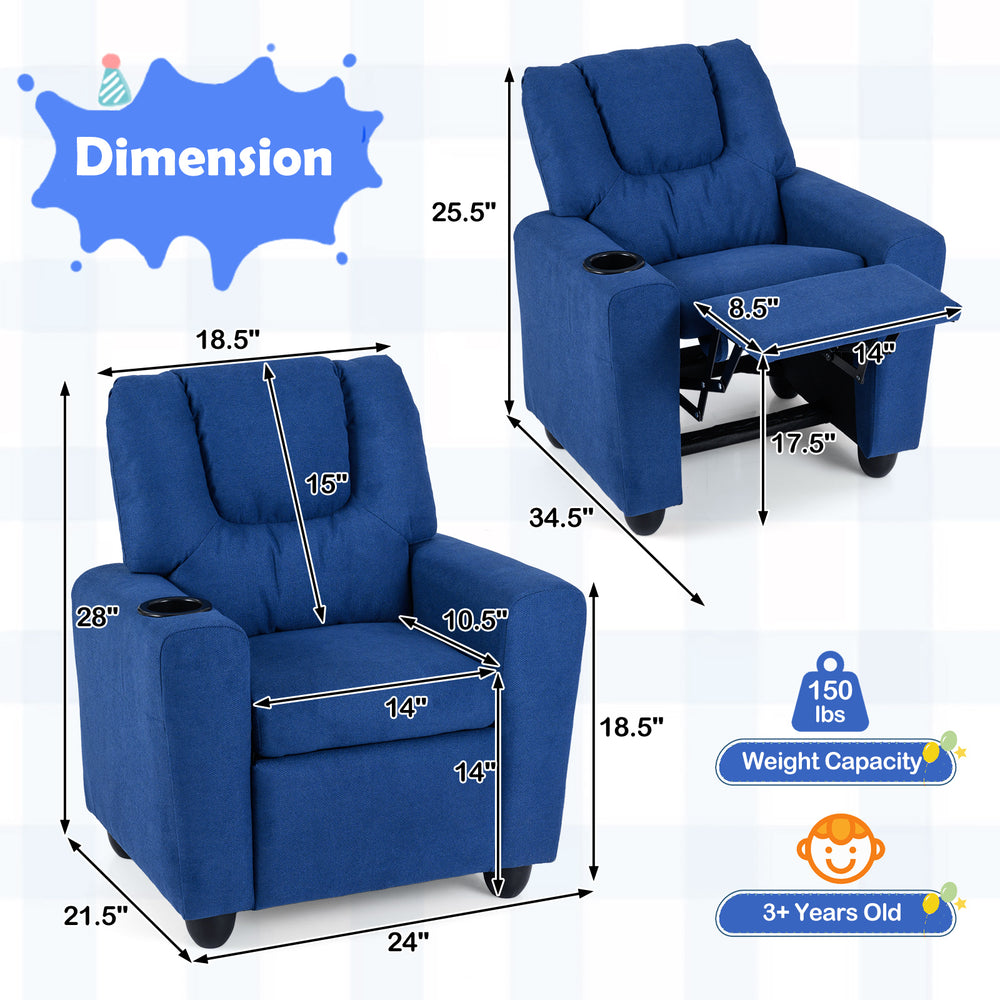 Kids recliner chair in blue with cup holder, featuring ergonomic design and retractable footrest for comfort.