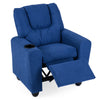 Blue kids recliner chair with cup holder, ergonomic design, retractable footrest, ideal for reading or watching TV.