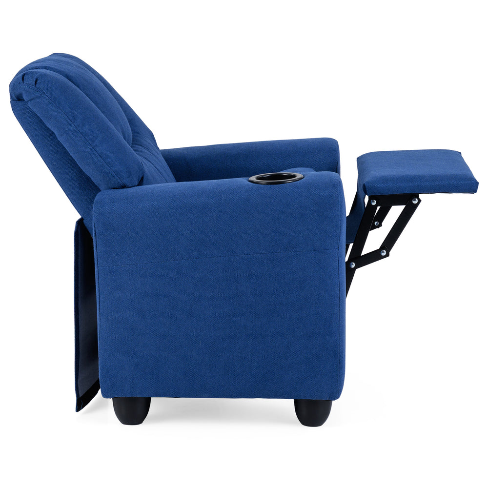 Blue kids recliner chair with cup holder, ergonomic design, high backrest, and retractable footrest for comfort.