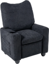 Kids recliner in black fabric with adjustable footrest and cup holder, perfect for toddlers' comfort and relaxation.