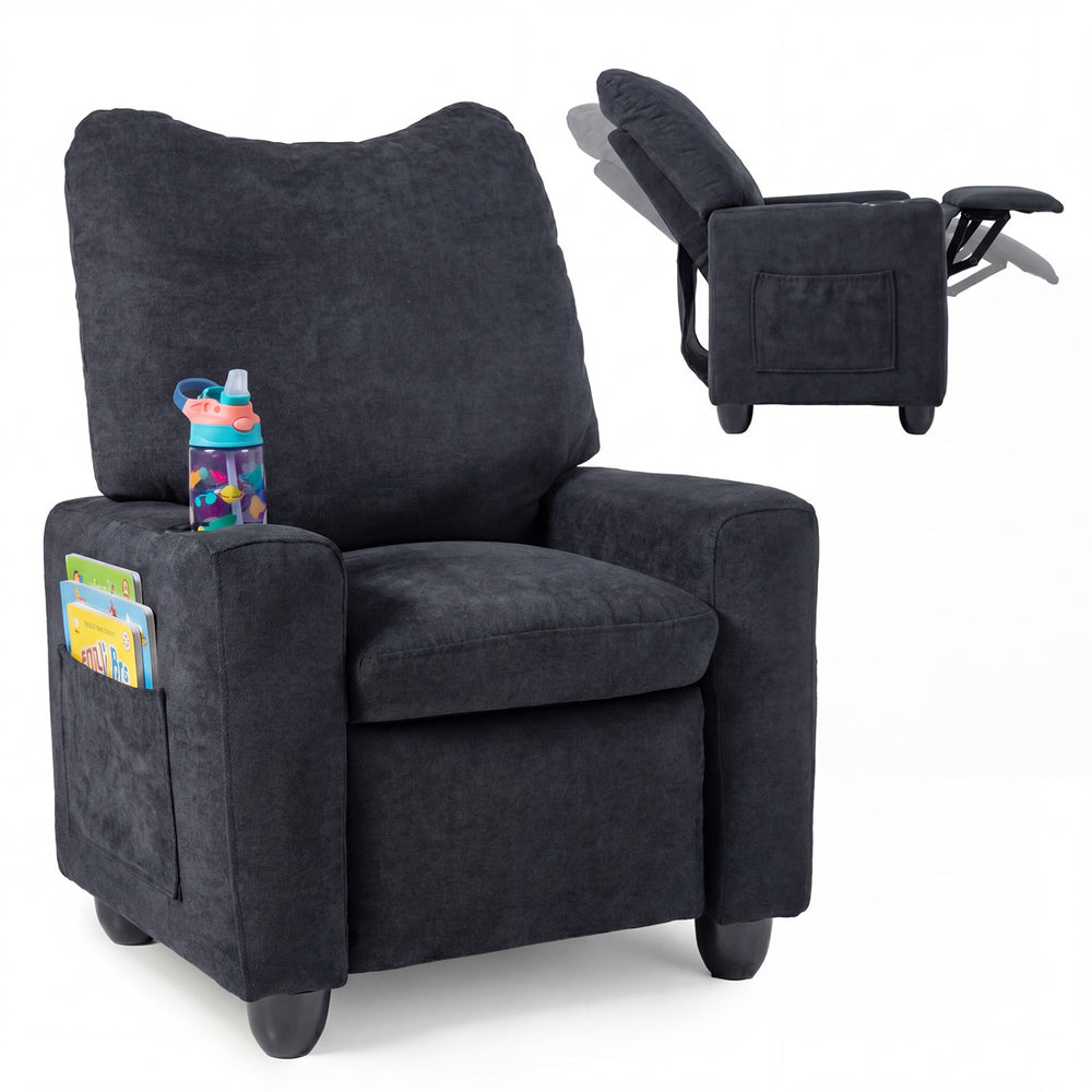 Kids recliner in black with adjustable footrest and cup holder, perfect for toddlers' comfort and relaxation.