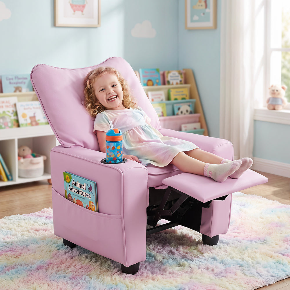Kids recliner in pink with cup holder and adjustable backrest, perfect for playroom comfort and convenience.