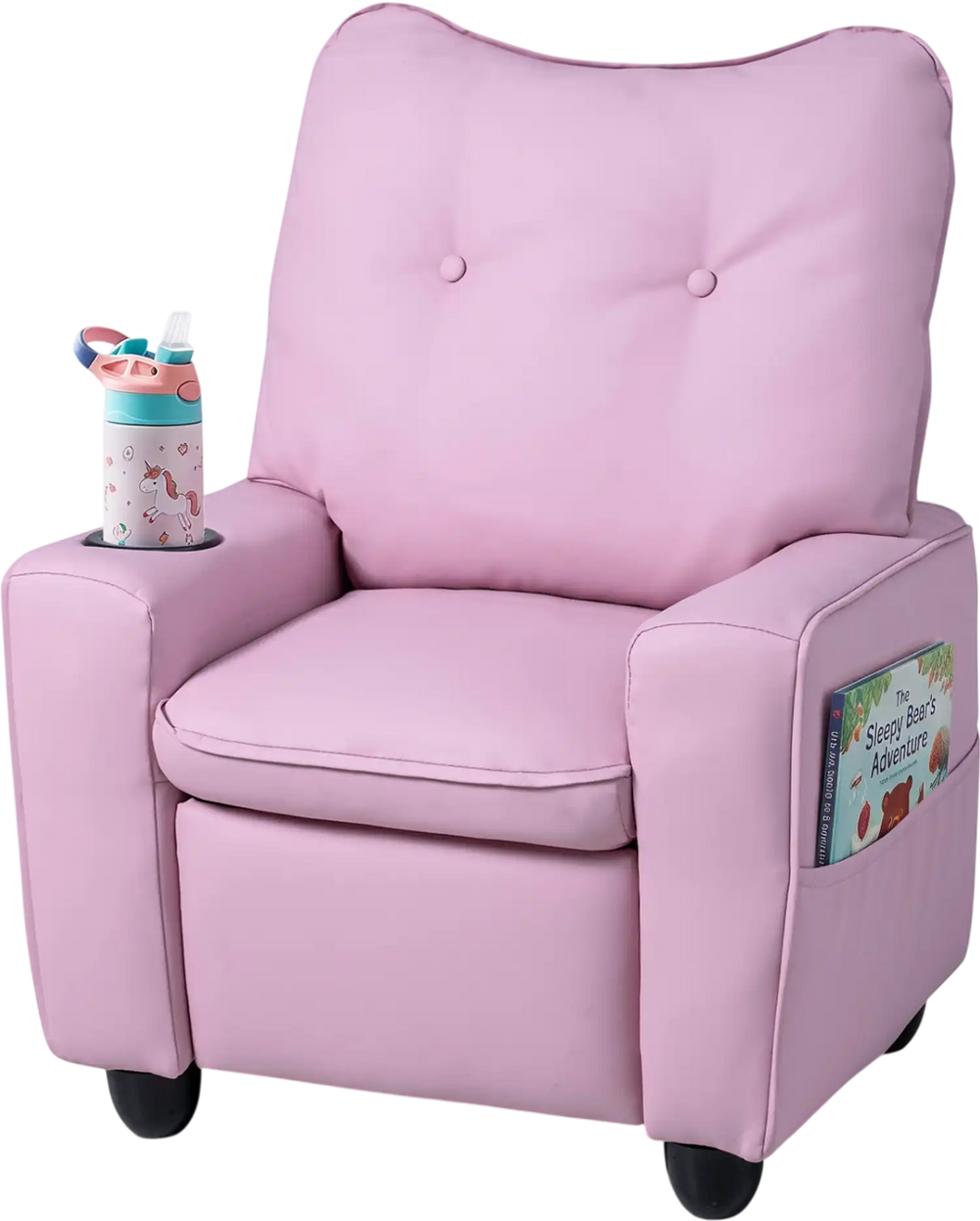 Kids recliner in pink with cup holder, adjustable backrest, and wide armrests for ultimate comfort in playrooms.