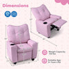 Kids recliner in pink with cup holder, adjustable backrest, and padded armrests, perfect for playroom comfort.