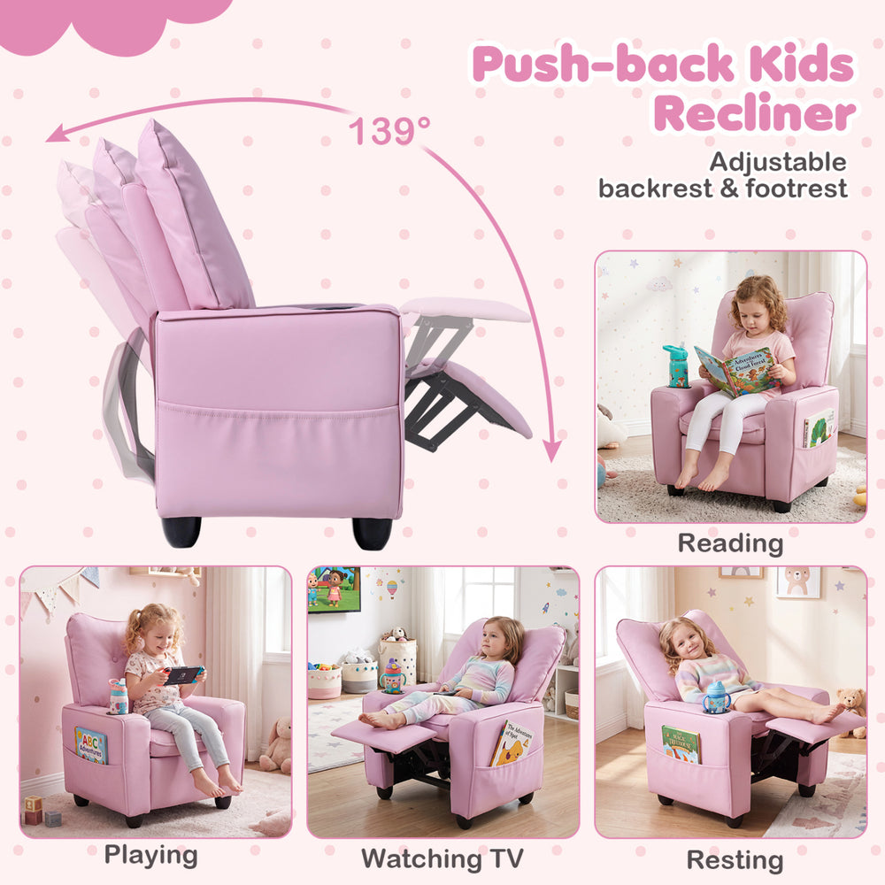 Kids recliner in pink with adjustable backrest, cup holder, and armrests, perfect for playroom comfort and relaxation.