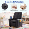 Kids recliner in black with waterproof PU leather, cup holder, and adjustable backrest for ultimate comfort in playrooms.