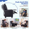 Kids recliner in black with adjustable backrest, cup holder, and armrests, perfect for lounging in comfort.