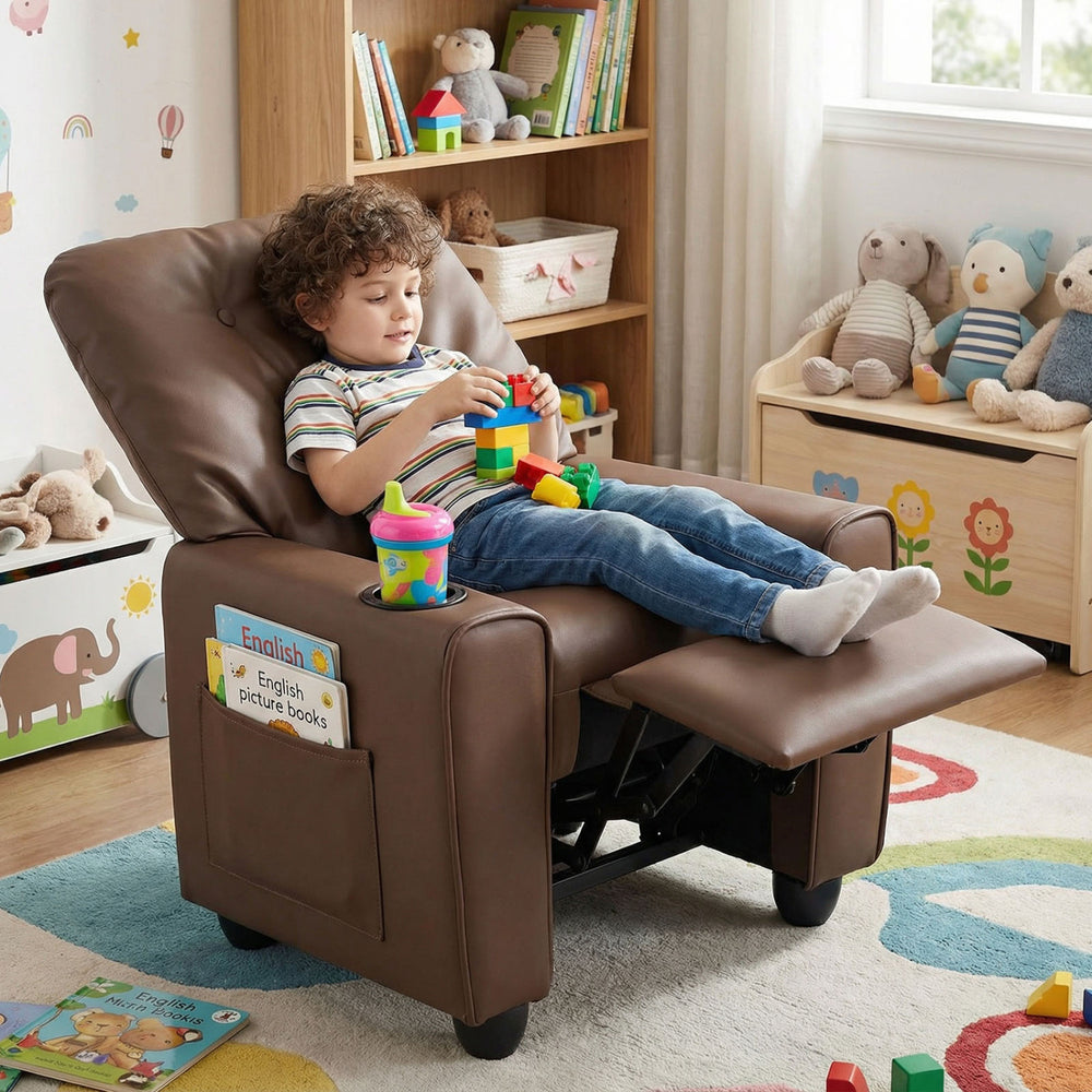 Kids Recliner with Cup Holder & Armrests and Adjustable Backrest Footrest-Brown - Gallery View 1 of 8