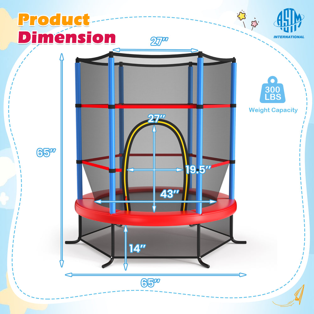 55-inch kids trampoline with enclosure net, featuring a durable galvanized steel frame and L-shaped legs for stability.