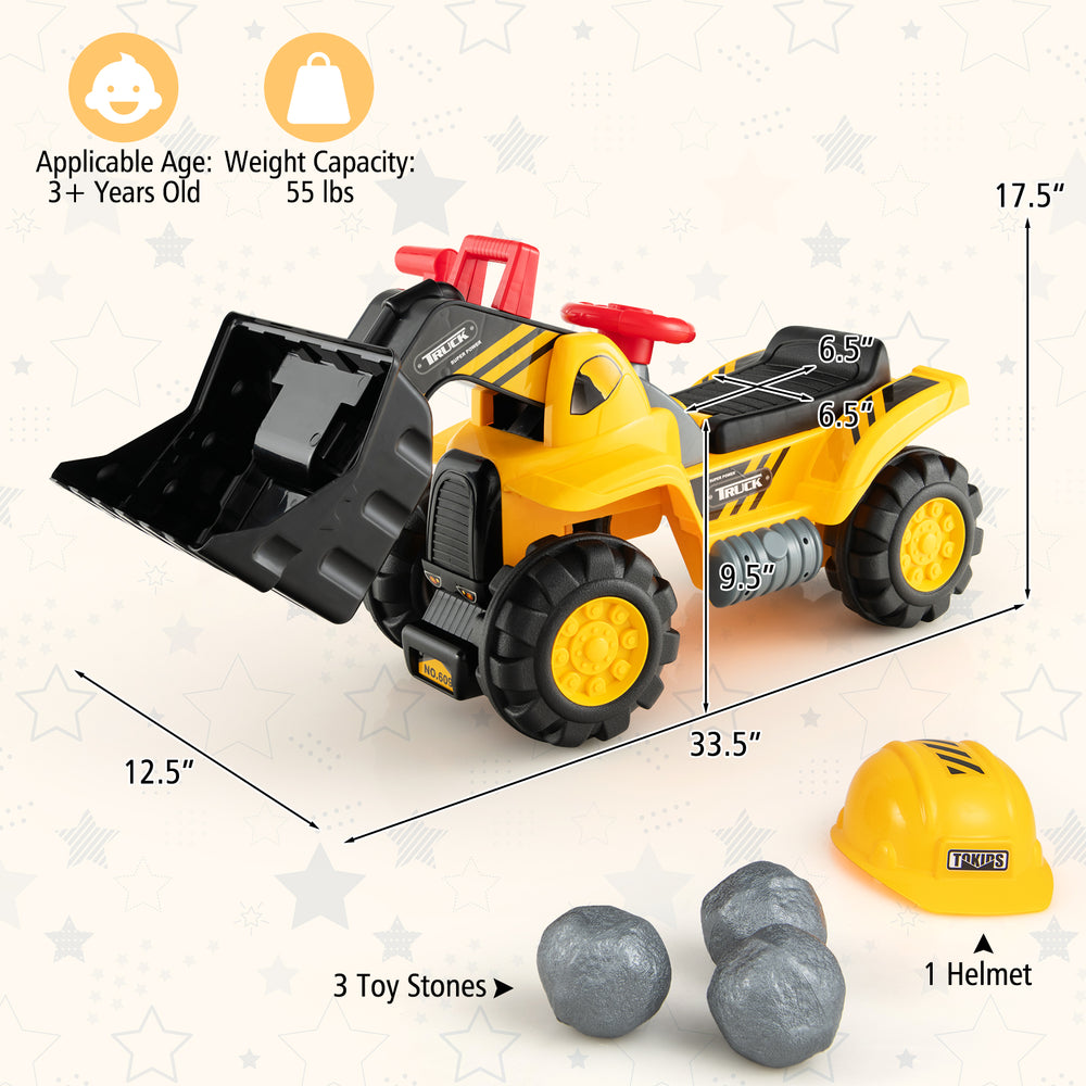 Kids ride-on bulldozer toy truck with adjustable bucket, includes helmet and toy stones, for ages 3+, weight capacity.
