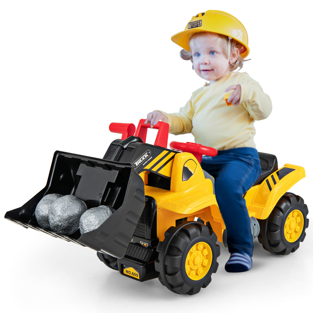 Kids ride-on bulldozer toy truck with adjustable bucket, helmet, and toy stones, designed for children aged 3+.
