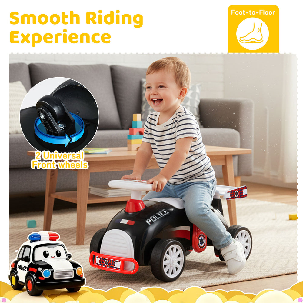 Kids ride-on car sliding toy in black and red with music, under-seat storage, and smooth riding experience for toddlers.
