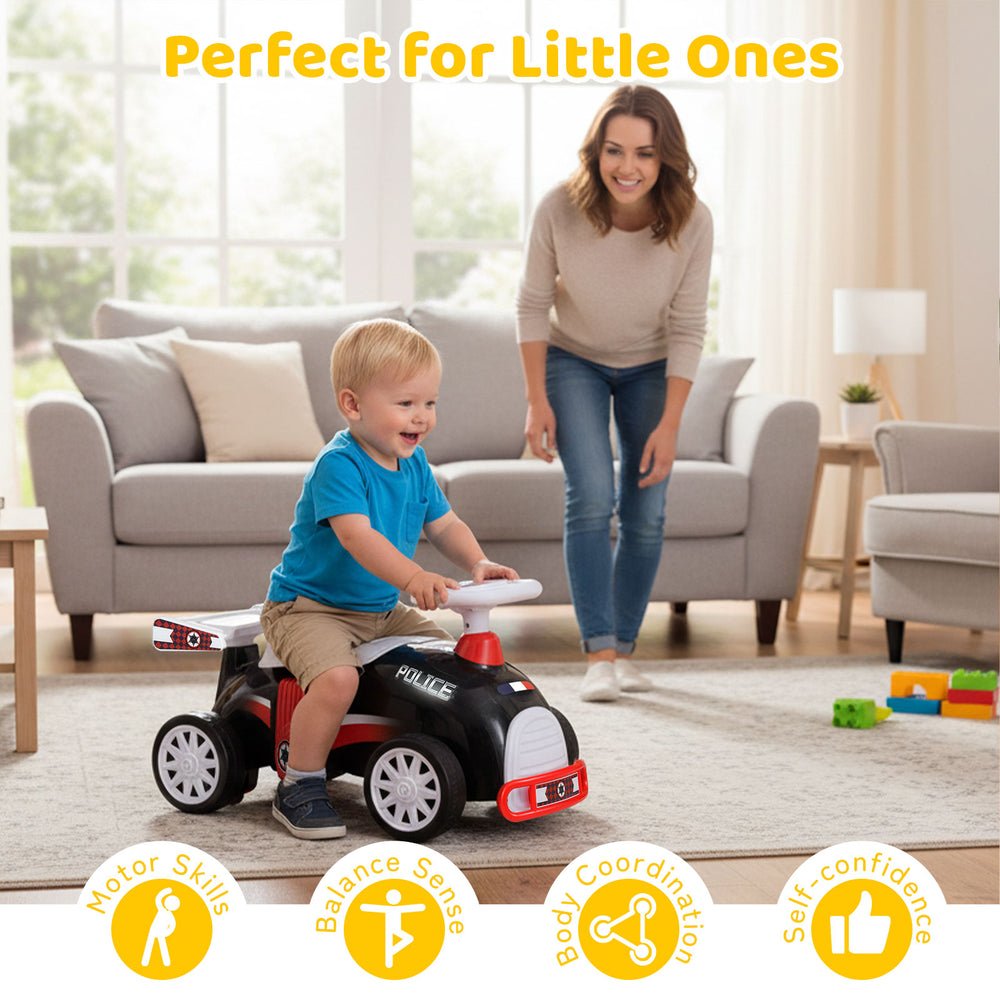 Kids ride-on car sliding toy in black and red with music, under-seat storage, promoting motor skills and balance for.