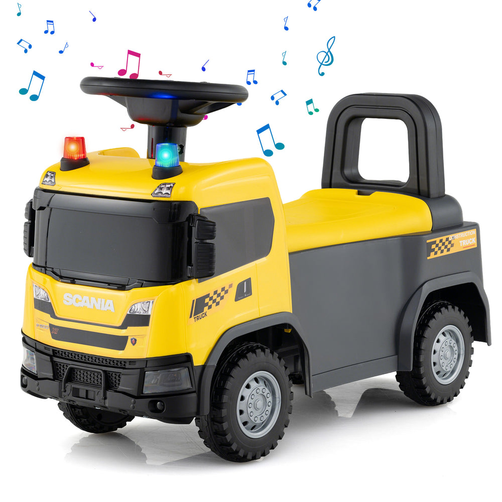 Kids ride-on push car in yellow, featuring SCANIA truck design, steering wheel, music, and under-seat storage for toys.
