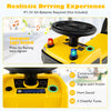 Kids ride-on push car in yellow with steering wheel, realistic sounds, and under-seat storage for fun and organization.