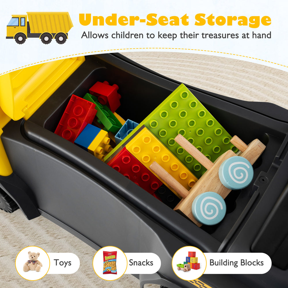 Under-seat storage in the yellow SCANIA truck toy holds toys, snacks, and building blocks for organized playtime.