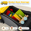 Under-seat storage in the yellow SCANIA truck toy holds toys, snacks, and building blocks for organized playtime.