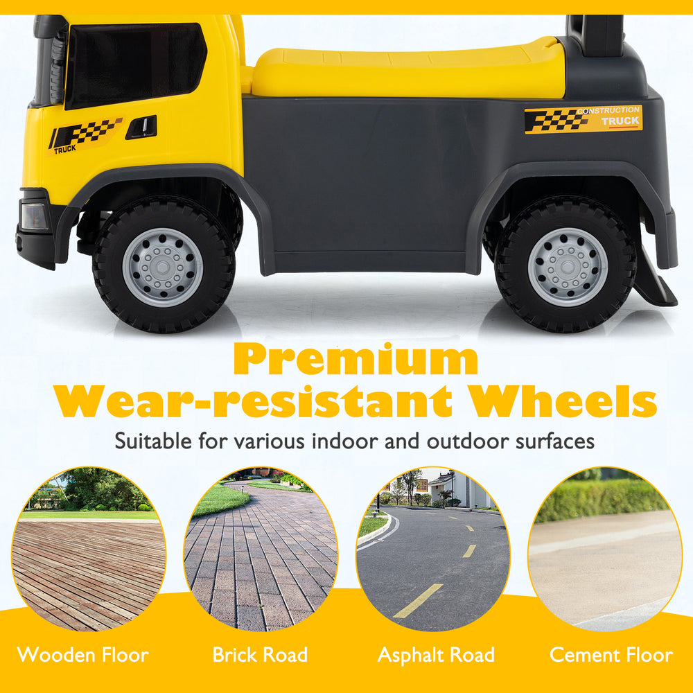 Kids ride-on push car in yellow with premium wear-resistant wheels, suitable for various indoor and outdoor surfaces.