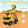 Kids ride-on push car licensed SCANIA truck in yellow, featuring steering wheel, music, and under-seat storage for fun.