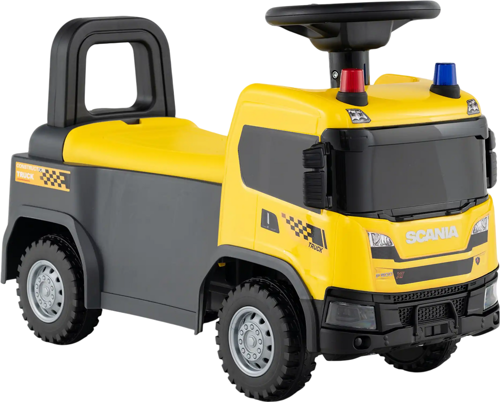 Kids ride-on push car in yellow, licensed SCANIA truck design with steering wheel, music, and under-seat storage.