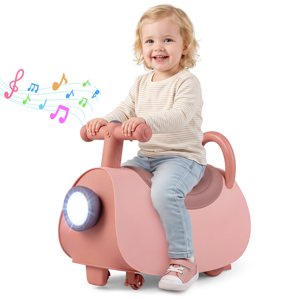 Kids ride-on push car in pink showcases a fun design with a bright headlight and backrest for added safety and comfort.