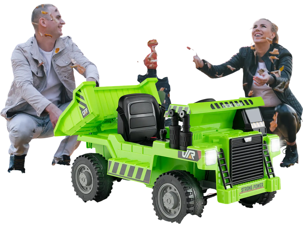 Bright green kids ride-on dump truck with electric dump bed, perfect for outdoor fun and imaginative play.