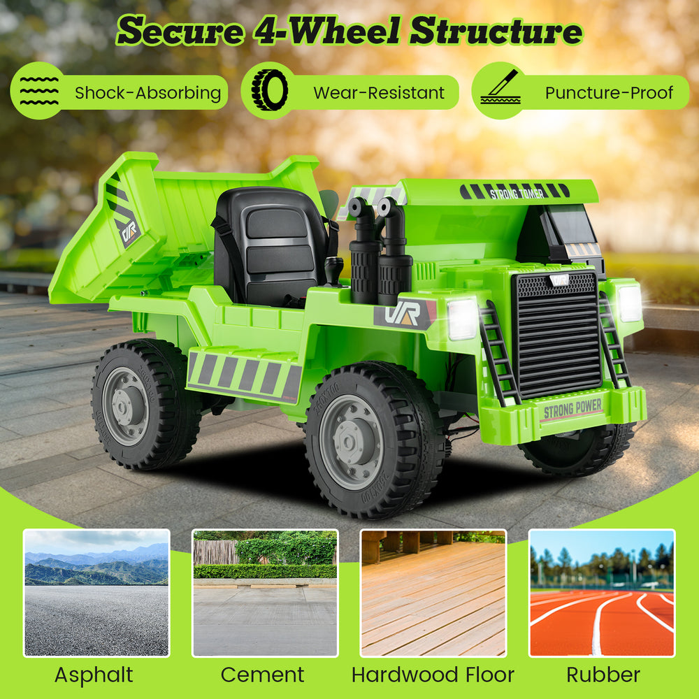 Kids ride on dump truck in green with electric dump bed, designed for safe operation on various surfaces.