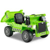 Kids ride-on dump truck in green with electric dump bed, 12V battery, and ergonomic seat for safe outdoor fun.