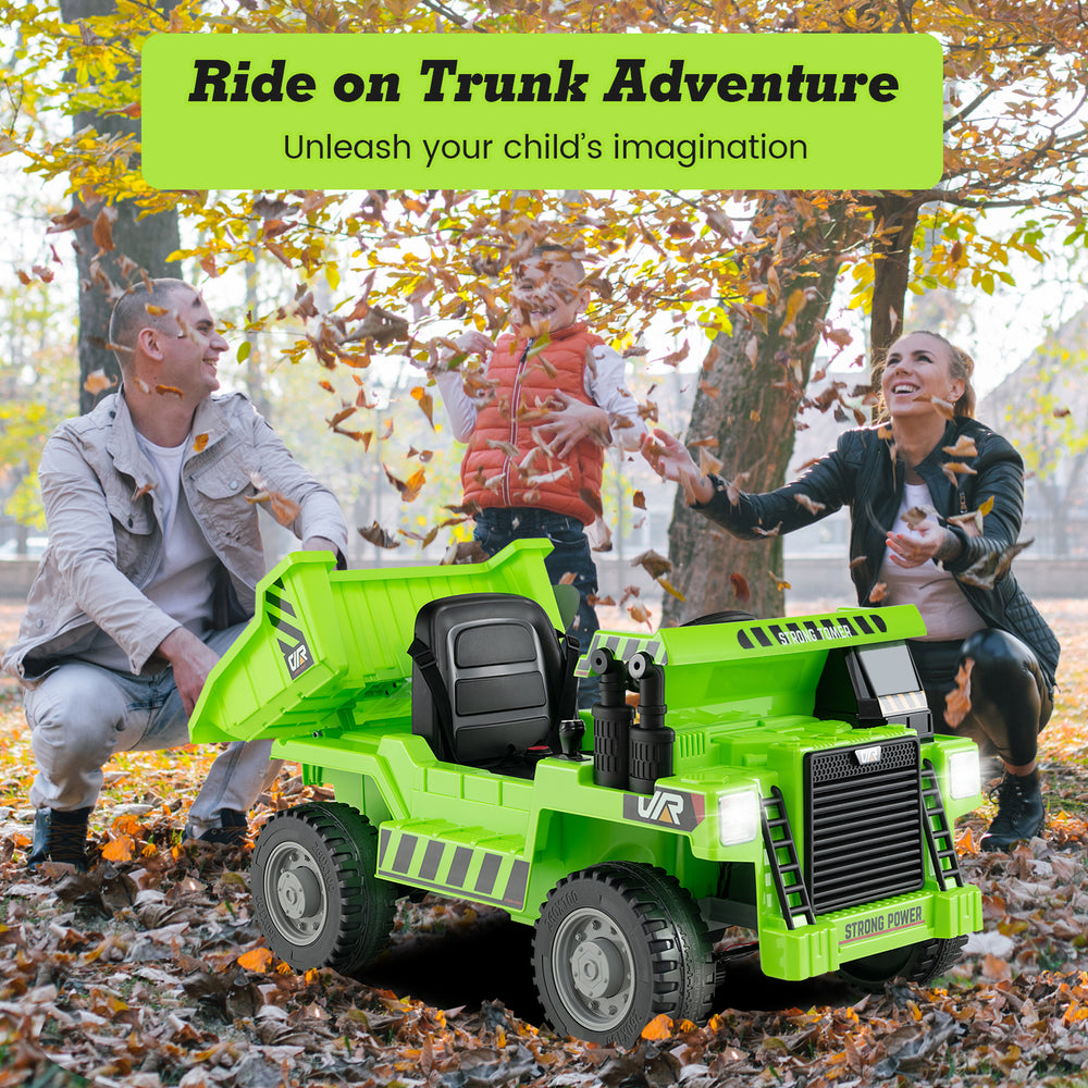 Kids ride-on dump truck in green with electric dump bed, designed for safe outdoor fun and imaginative play.