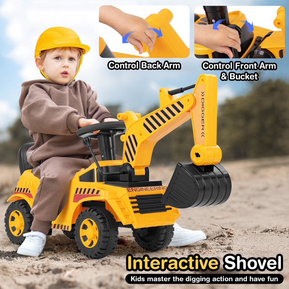 Kids ride-on excavator in yellow with adjustable shovel, designed for sand or soil, perfect for indoor and outdoor play.