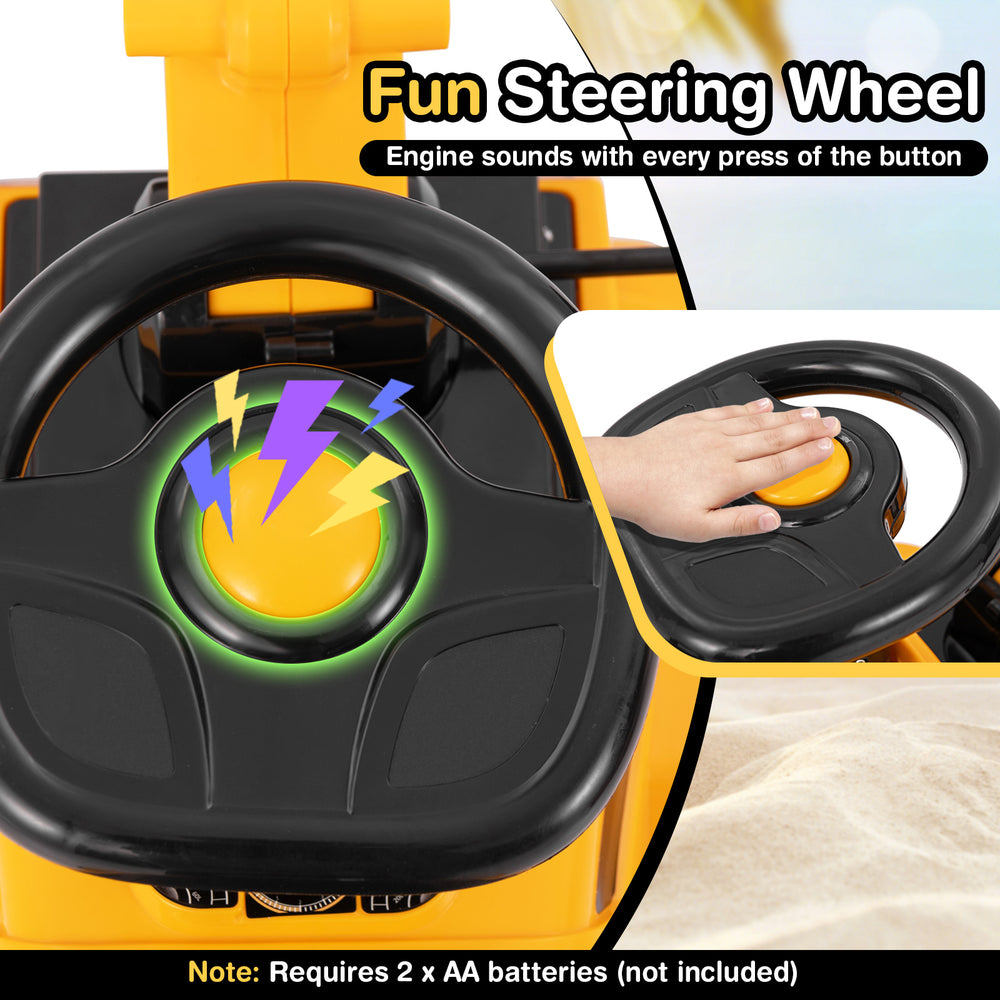 Kids ride-on excavator's fun steering wheel with engine sounds, designed for indoor and outdoor play.