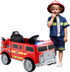 Kids ride-on fire truck in red with remote control, lights, and extinguisher, perfect for imaginative play.